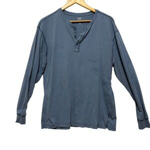 Gap Mens Long Sleeve Henley‎ Shirt XL Blue Academia Cotton Basic Essential Y2K